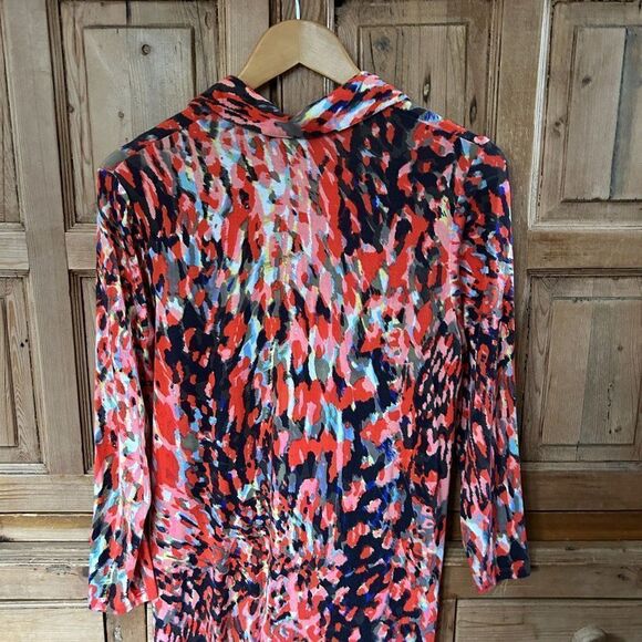 CAbi Size Medium Colorful Dress 3/4 Sleeve Watercolor Collared Rayon Red  *Flaw - Picture 12 of 16